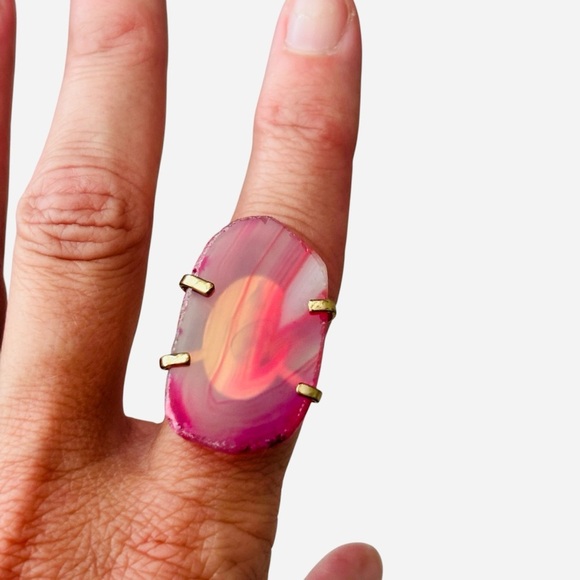 Pink Agate Looking Adjustable Ring Gold Tone Gemstone - Picture 4 of 7